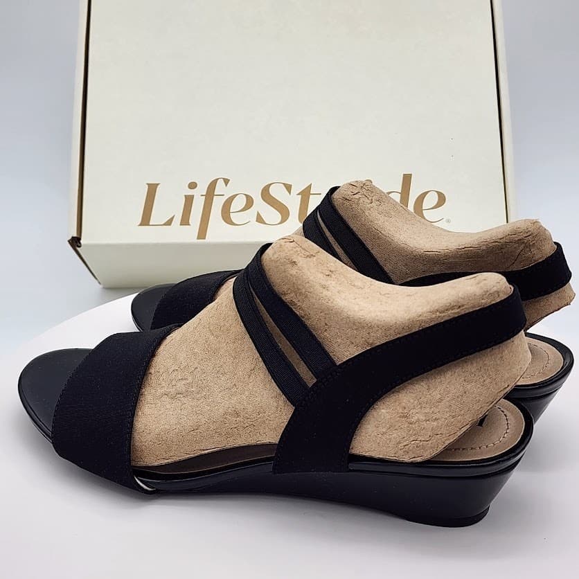 NEW LifeStride Yolo Black Micron Fabric Wedge Sandals Women's Size 6.5M - Thumbnail 4