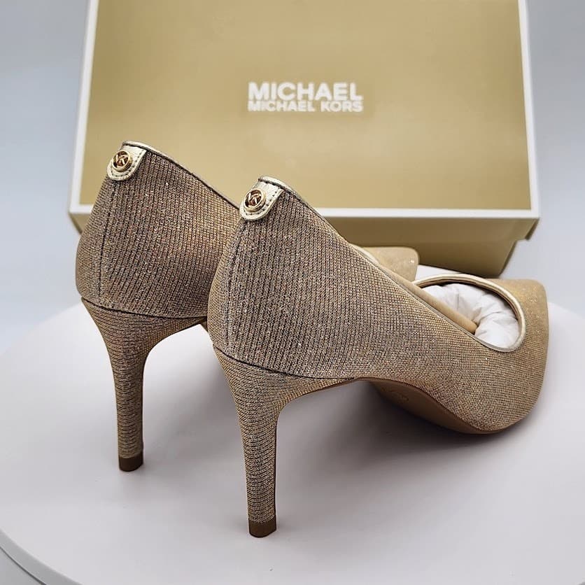 NEW Michael Kors Alina Flex Pump Pale Gold Glitter Chain Mesh Heels Size 5.5M - Thumbnail 3