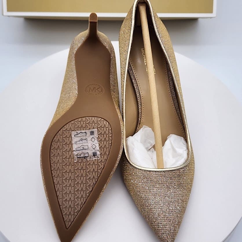 NEW Michael Kors Alina Flex Pump Pale Gold Glitter Chain Mesh Heels Size 5.5M - Thumbnail 9