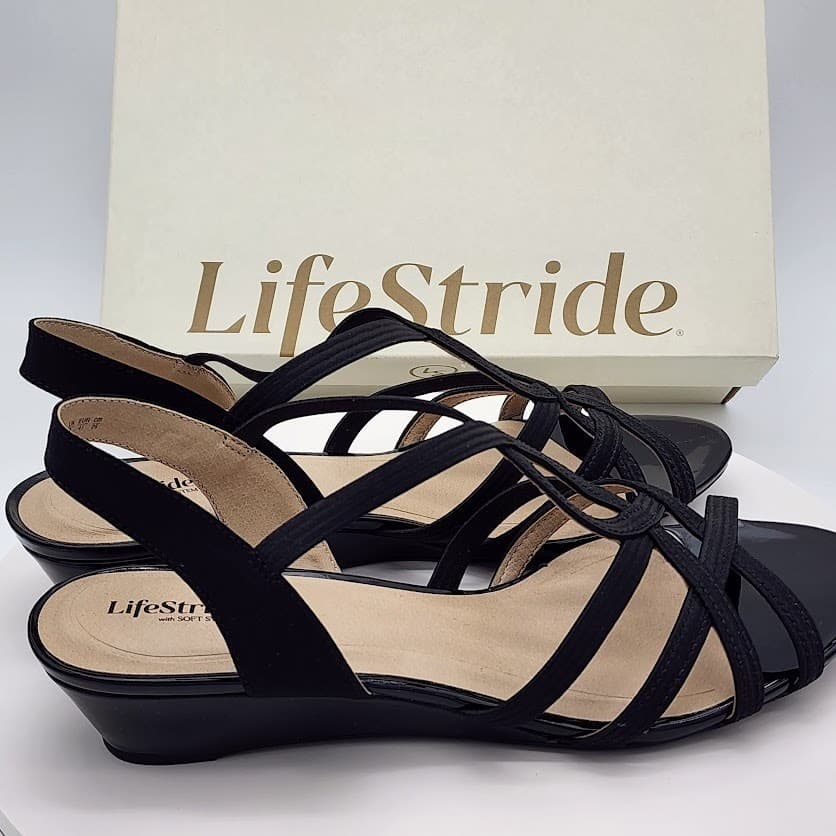 NEW LifeStride Yaya Black Strappy Wedge Sandals Women's Size 10M Soft System - Thumbnail 2