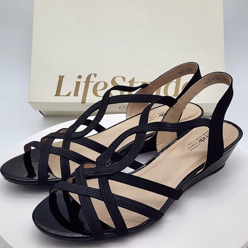 NEW LifeStride Yaya Black Strappy Wedge Sandals Women's Size 10M Soft System - Thumbnail 4