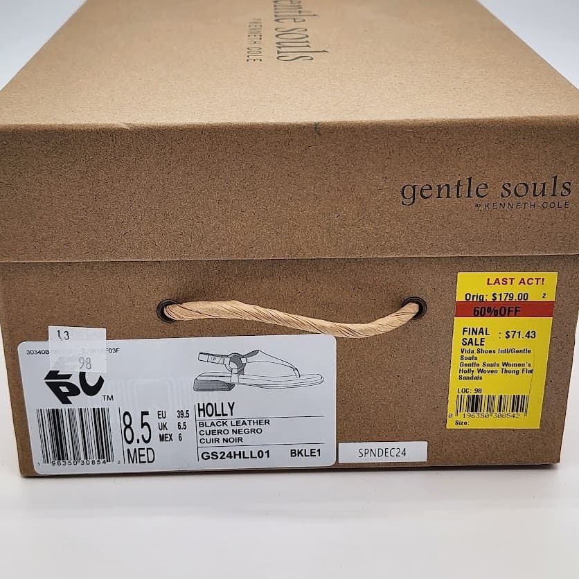 NEW Gentle Souls by Kenneth Cole Holly Black Leather Thong Sandals Size 8.5M - Thumbnail 9