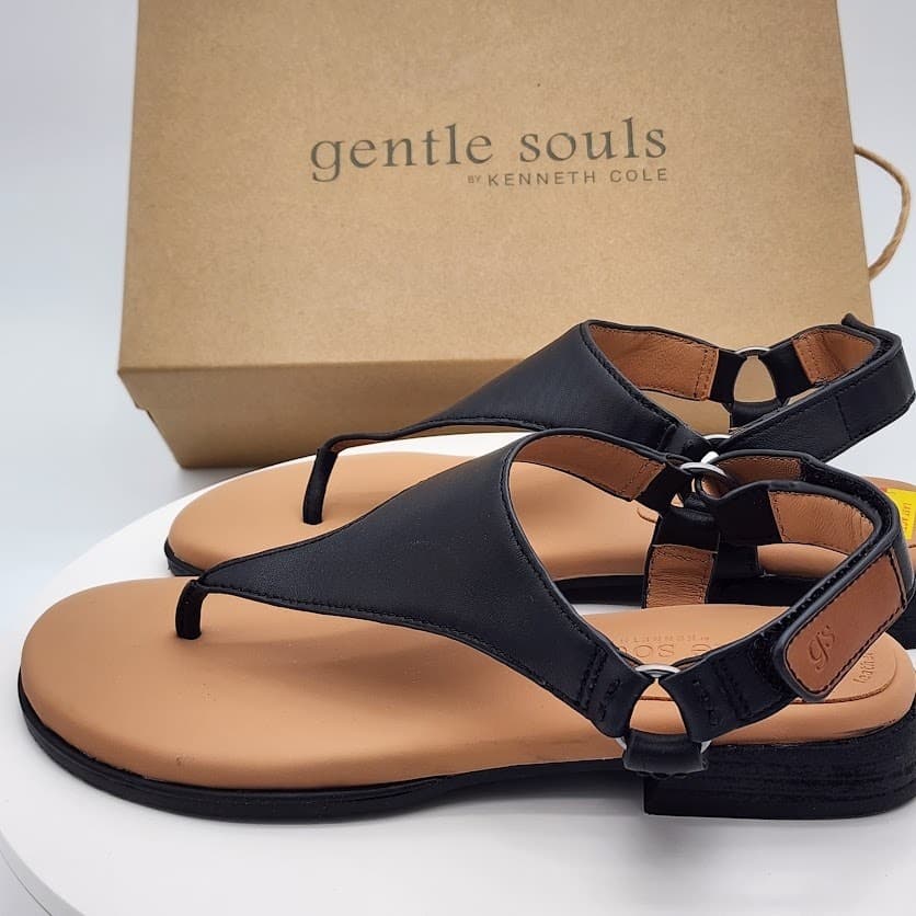 NEW Gentle Souls by Kenneth Cole Holly Black Leather Thong Sandals Size 8.5M - Thumbnail 5