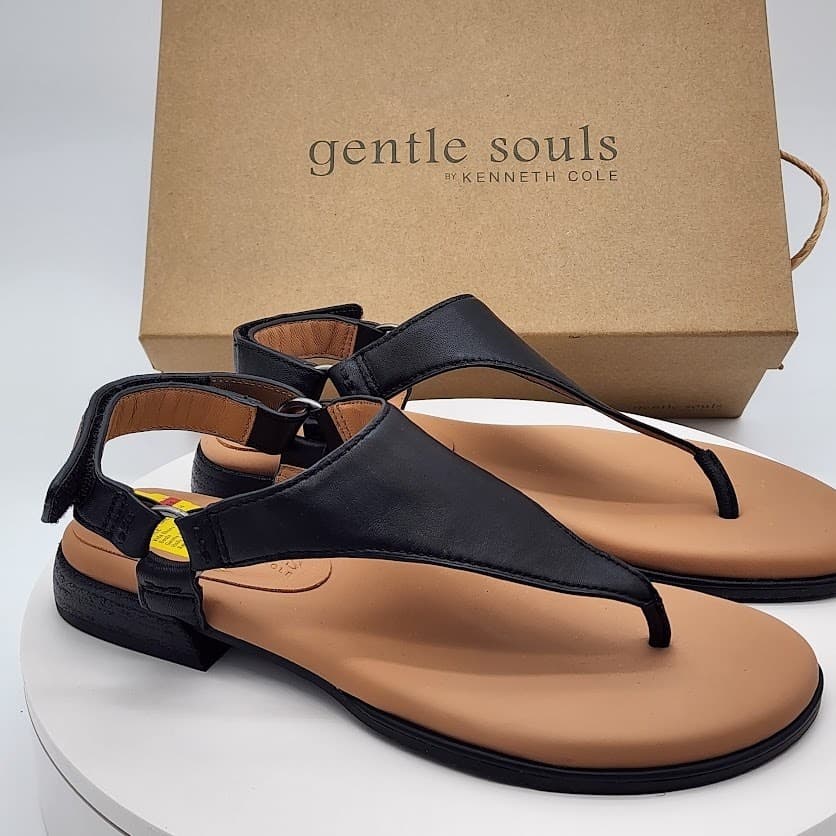 NEW Gentle Souls by Kenneth Cole Holly Black Leather Thong Sandals Size 8.5M - Thumbnail 2