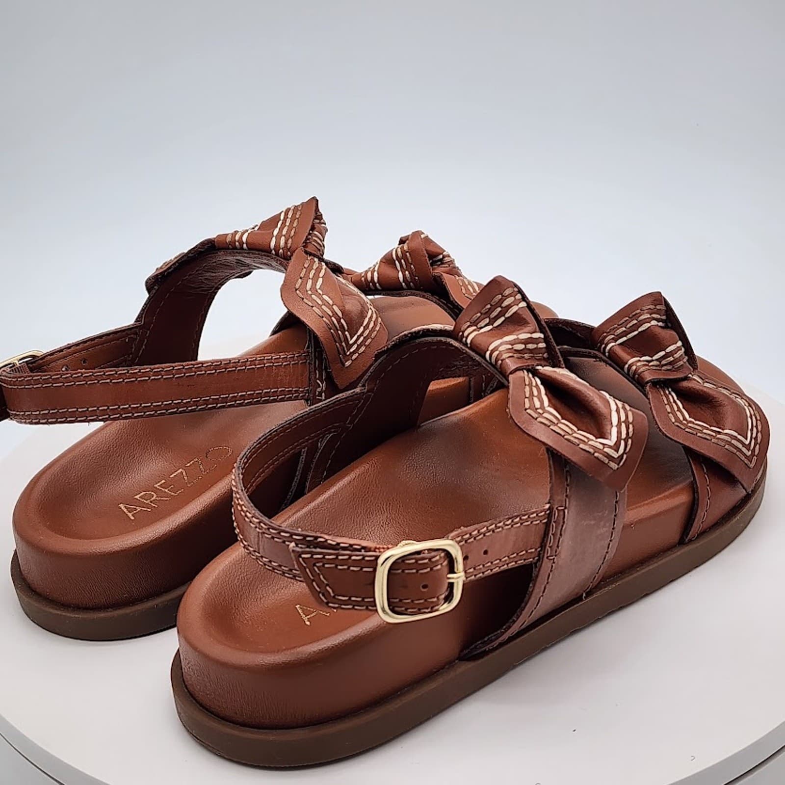 NEW Arezzo Women's Brown Leather Bow Flat Sandals Size 6B Slingback Shoes - Thumbnail 3