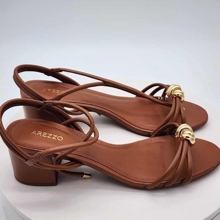 NEW Arezzo Roast Caramel Leather Strappy Heeled Sandals Women's Size 9.5B - Thumbnail 2