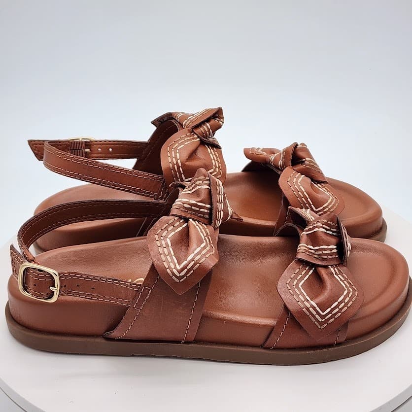 NEW Arezzo Women's Brown Leather Bow Flat Sandals Size 7B Slingback Shoes - Thumbnail 2