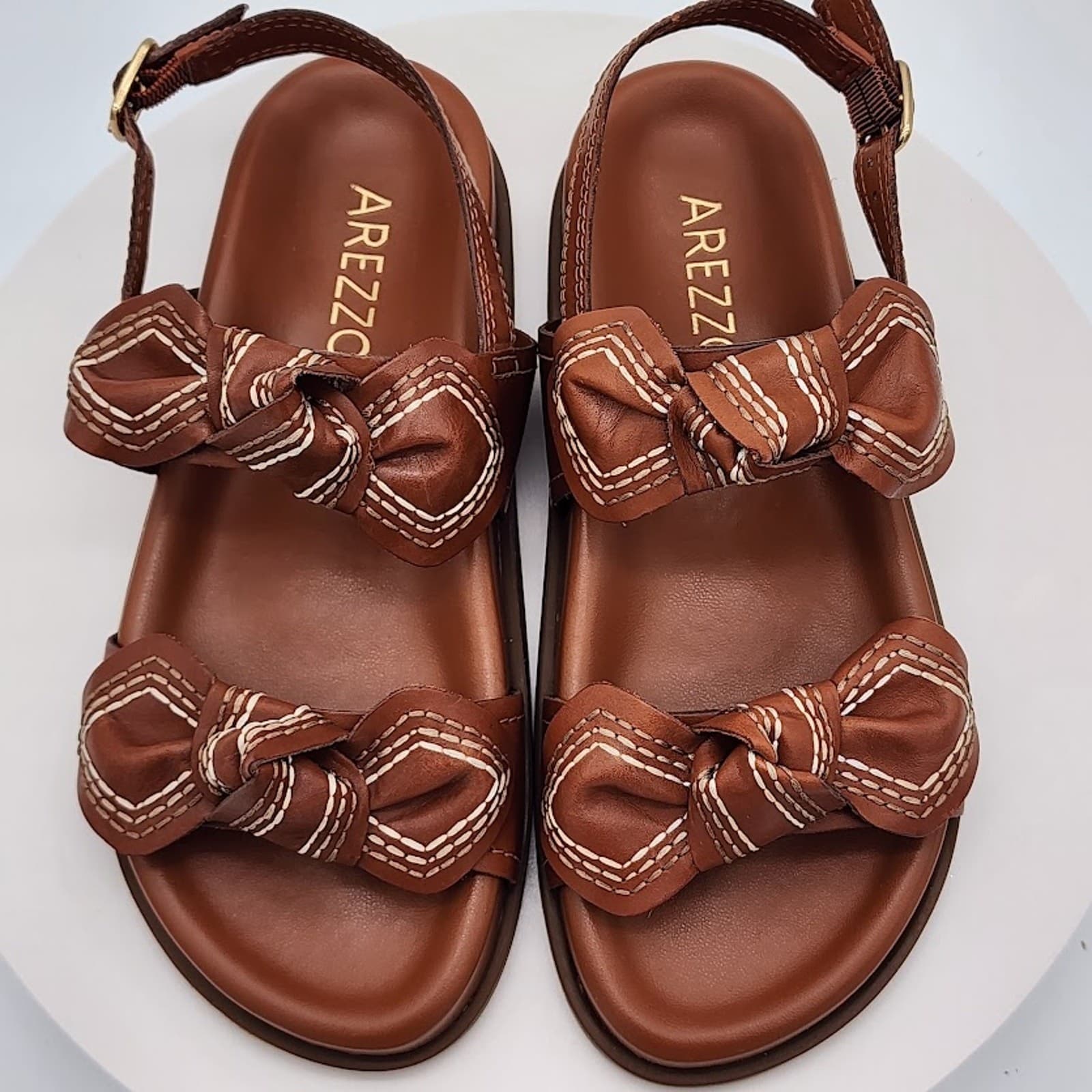NEW Arezzo Women's Brown Leather Bow Flat Sandals Size 6B Slingback Shoes - Thumbnail 7