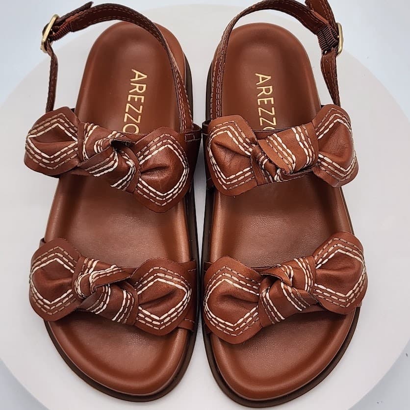 NEW Arezzo Women's Brown Leather Bow Flat Sandals Size 7B Slingback Shoes - Thumbnail 7