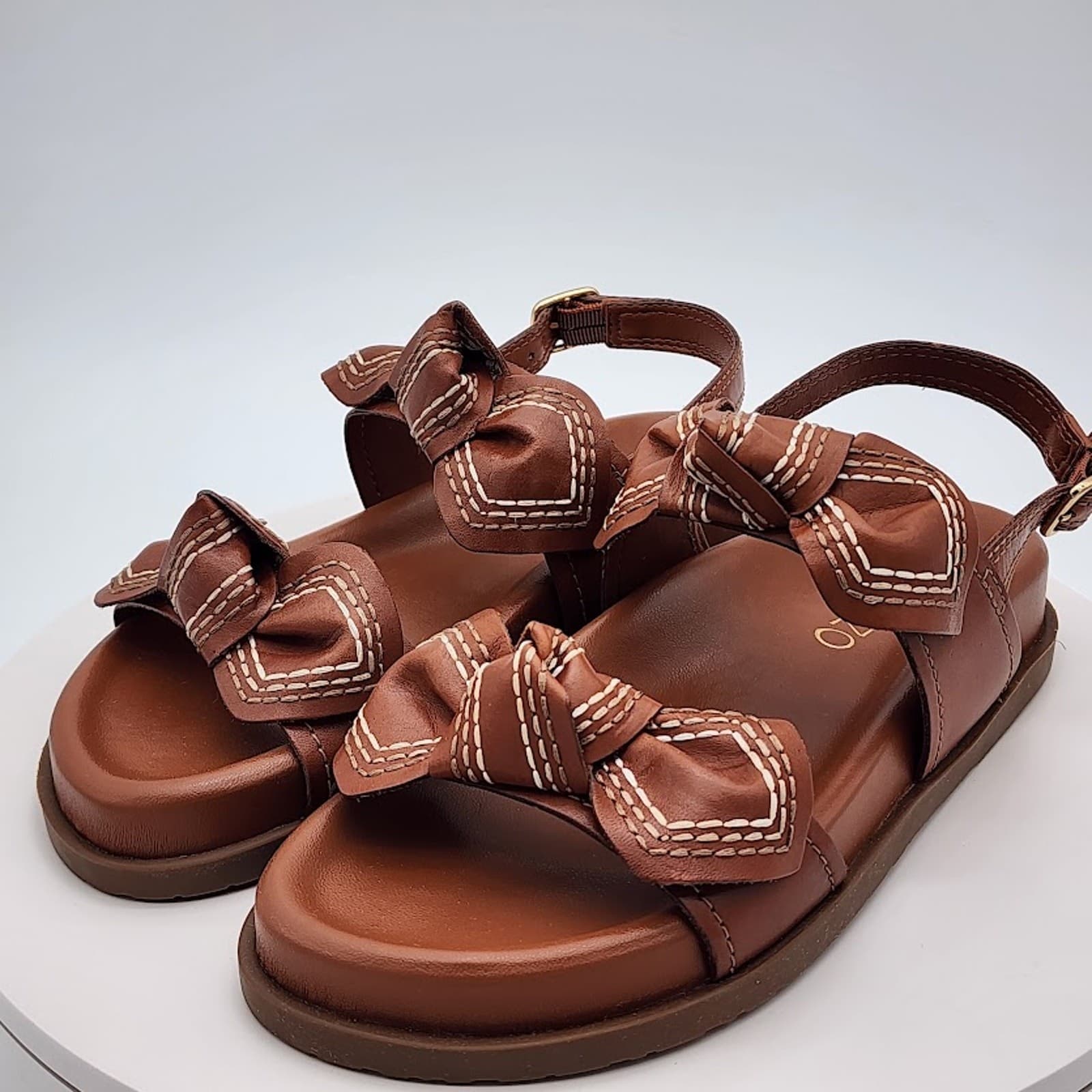 NEW Arezzo Women's Brown Leather Bow Flat Sandals Size 6B Slingback Shoes - Thumbnail 5