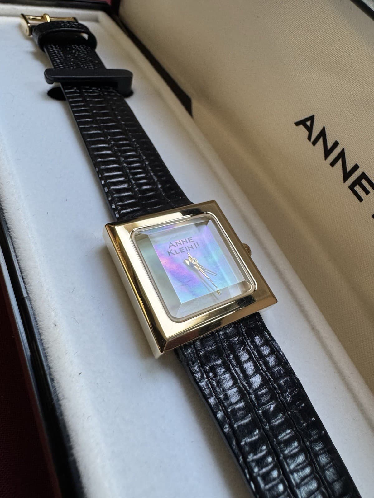 Vintage NOS Anne Klein II Art Deco Square Crystal MOP Dial w/ Original Box - Thumbnail 2
