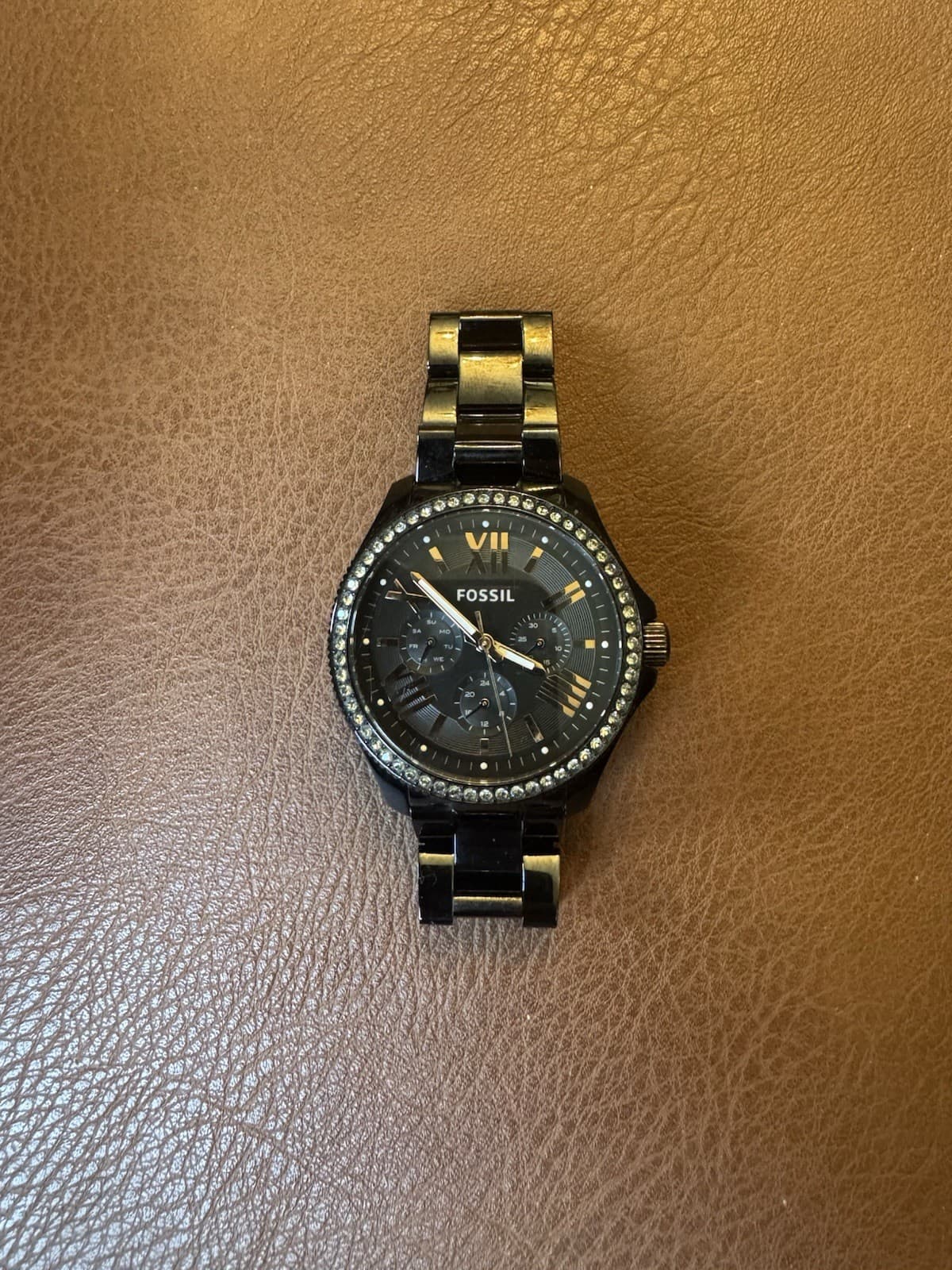Fossil AM4522 Crystal Bezel Multifunction Quartz Watch w/ Rose Gold Accents