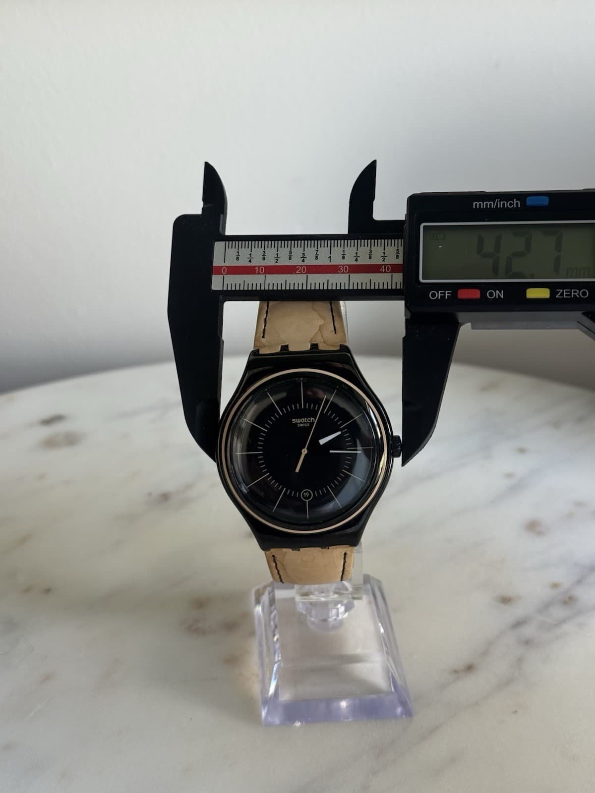 Swatch Swiss Black Dial Quartz Watch 42mm Black Case Tan Leather Strap Date - Thumbnail 6