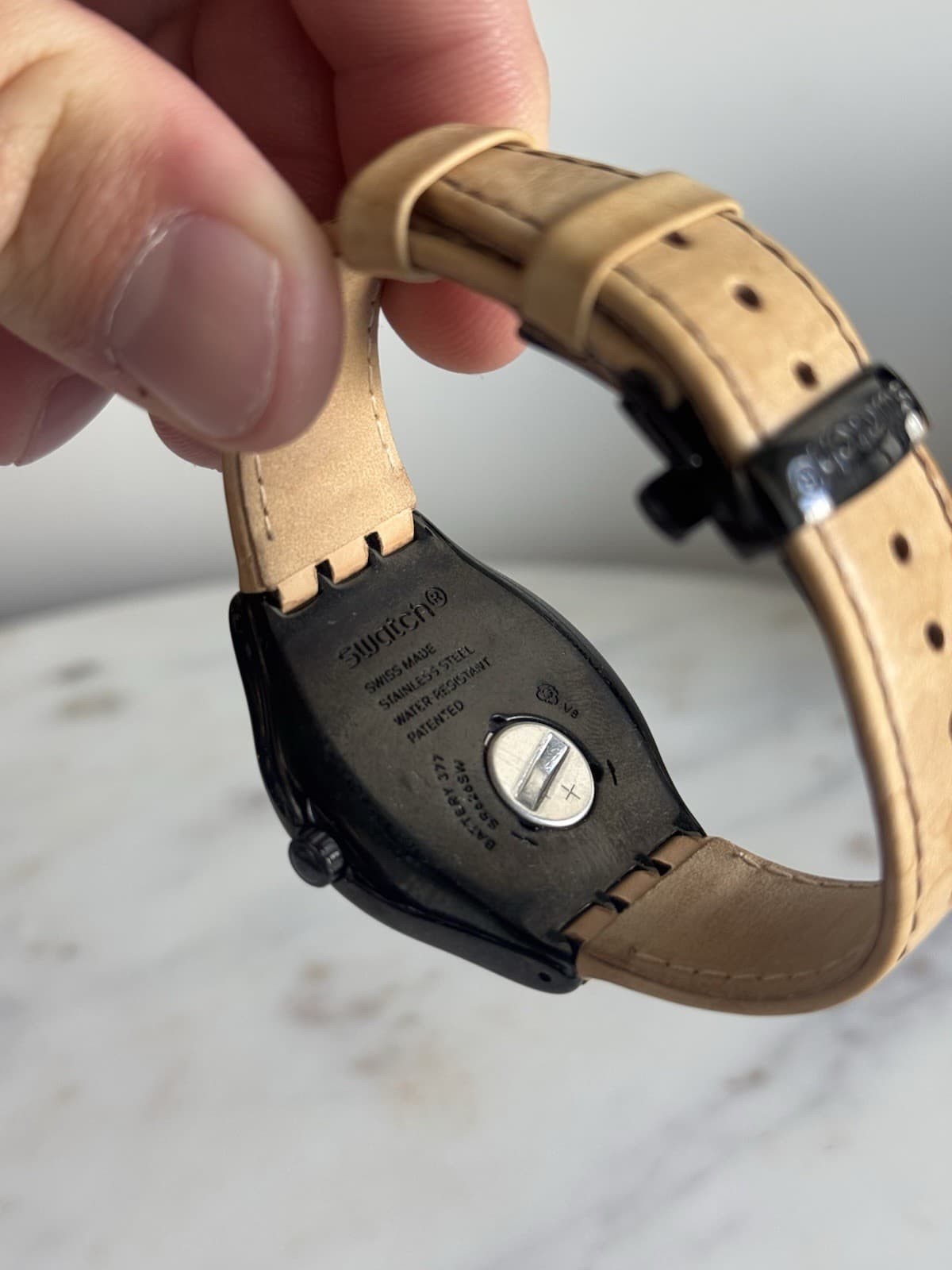 Swatch Swiss Black Dial Quartz Watch 42mm Black Case Tan Leather Strap Date - Thumbnail 4