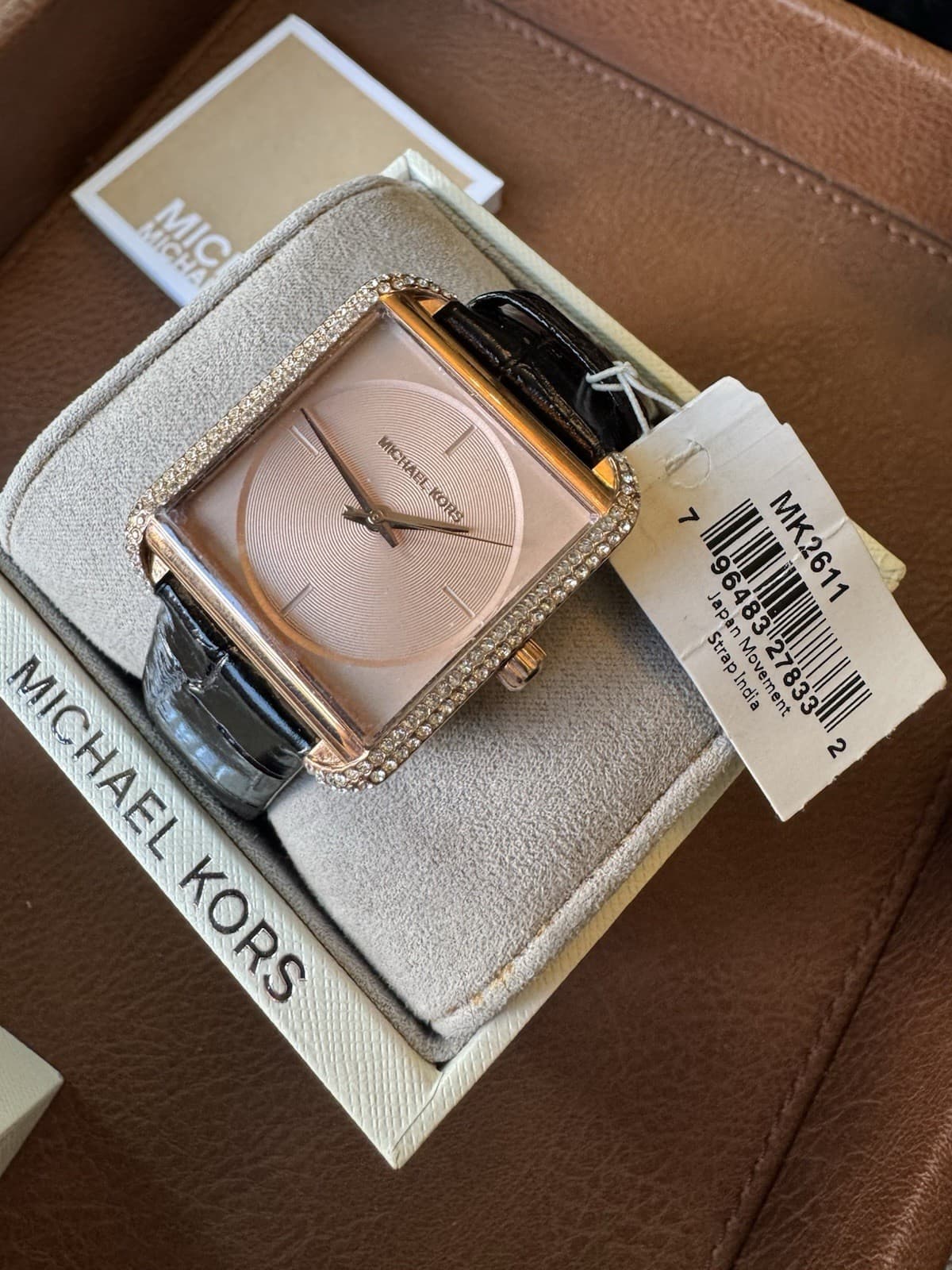 Michael Kors MK2611 Rose Gold Crystal Bezel Women’s Watch Black Leather Strap - Thumbnail 4