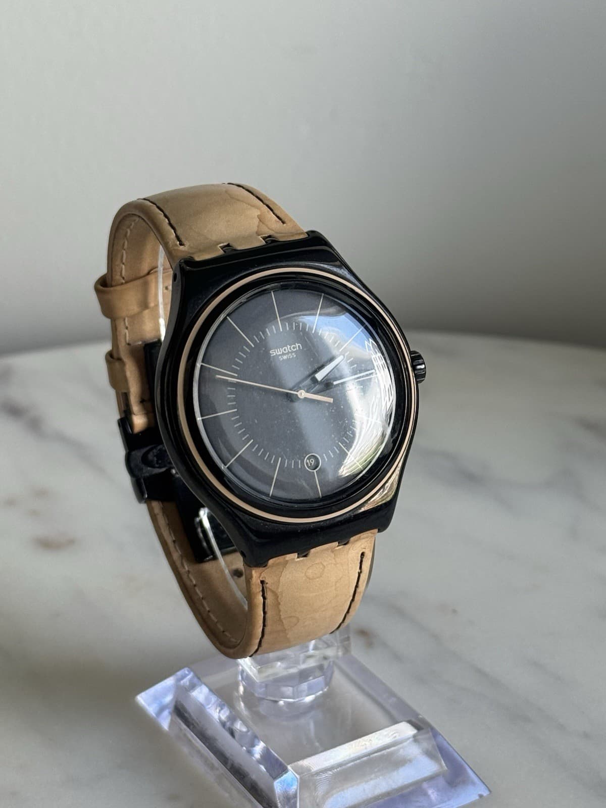 Swatch Swiss Black Dial Quartz Watch 42mm Black Case Tan Leather Strap Date - Thumbnail 3