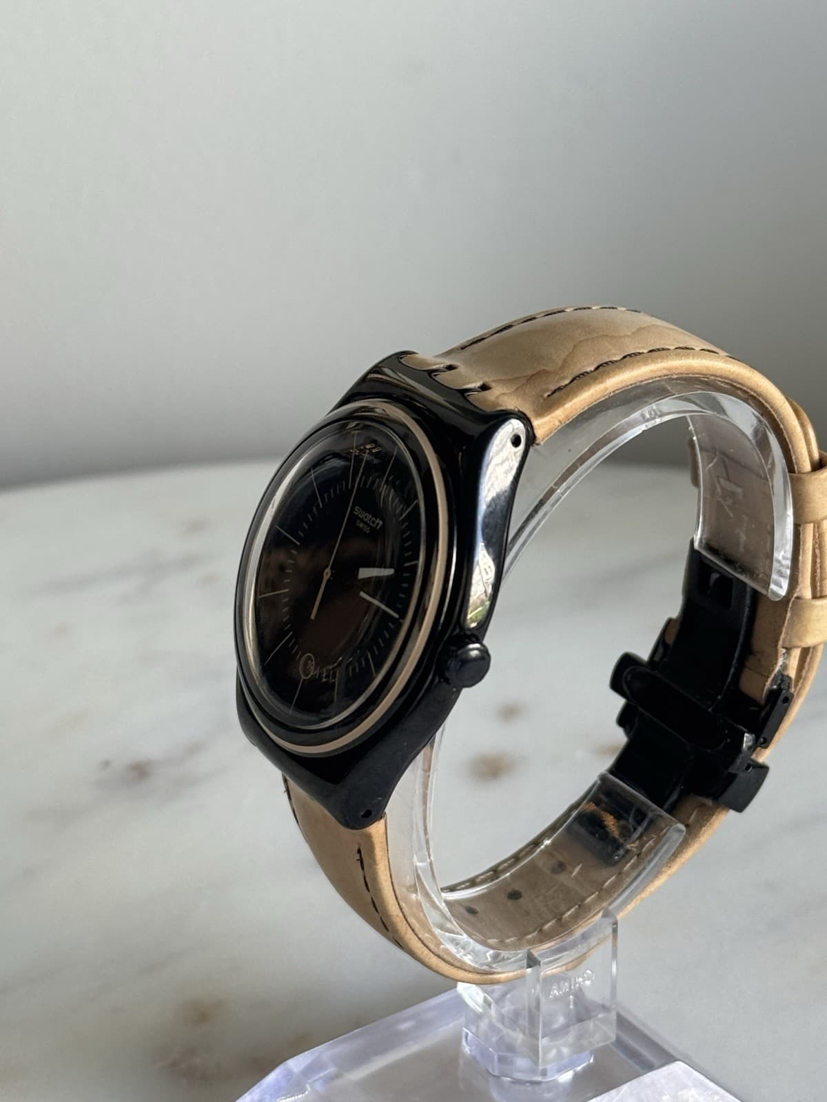 Swatch Swiss Black Dial Quartz Watch 42mm Black Case Tan Leather Strap Date - Thumbnail 2