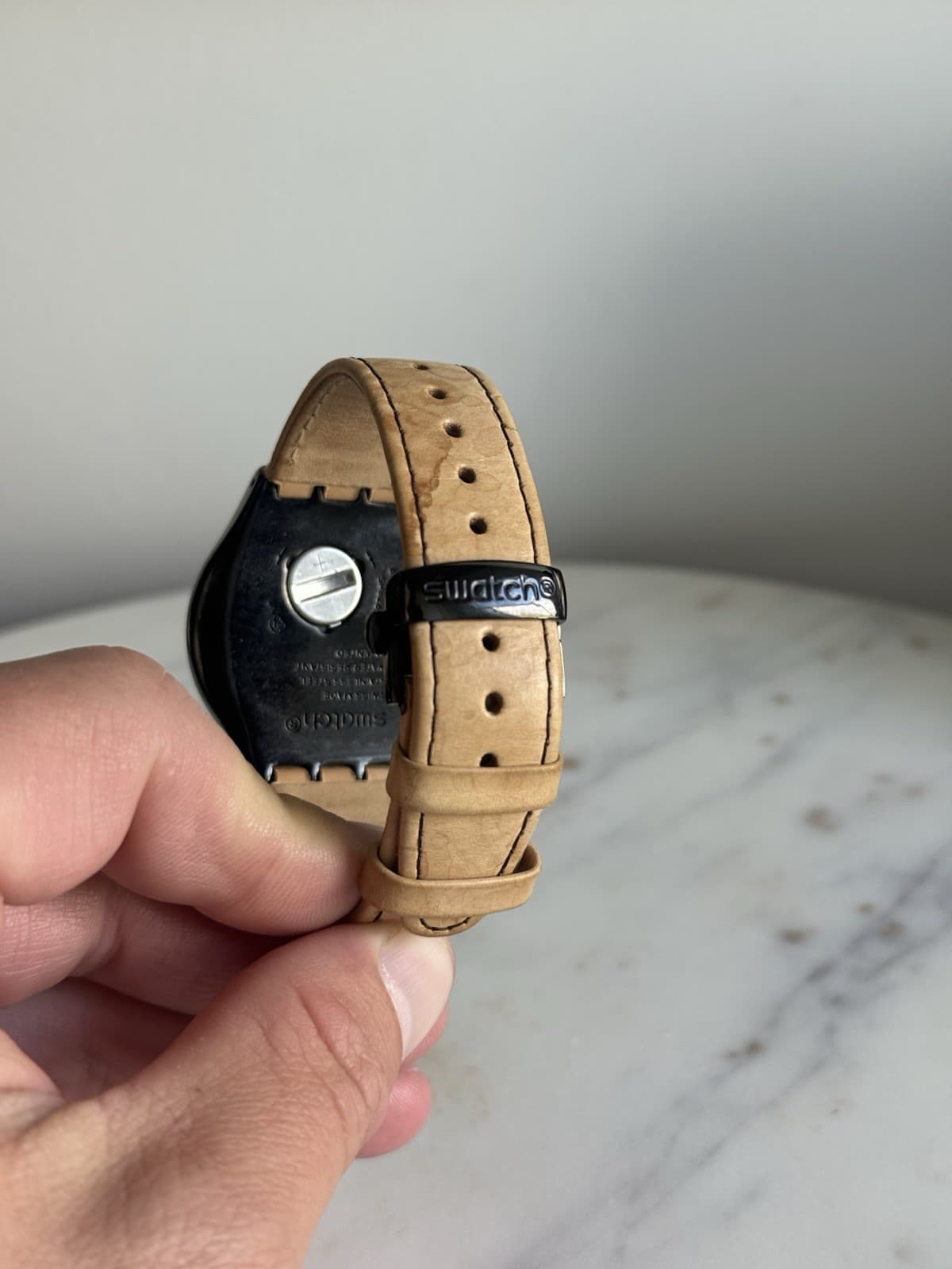 Swatch Swiss Black Dial Quartz Watch 42mm Black Case Tan Leather Strap Date - Thumbnail 5