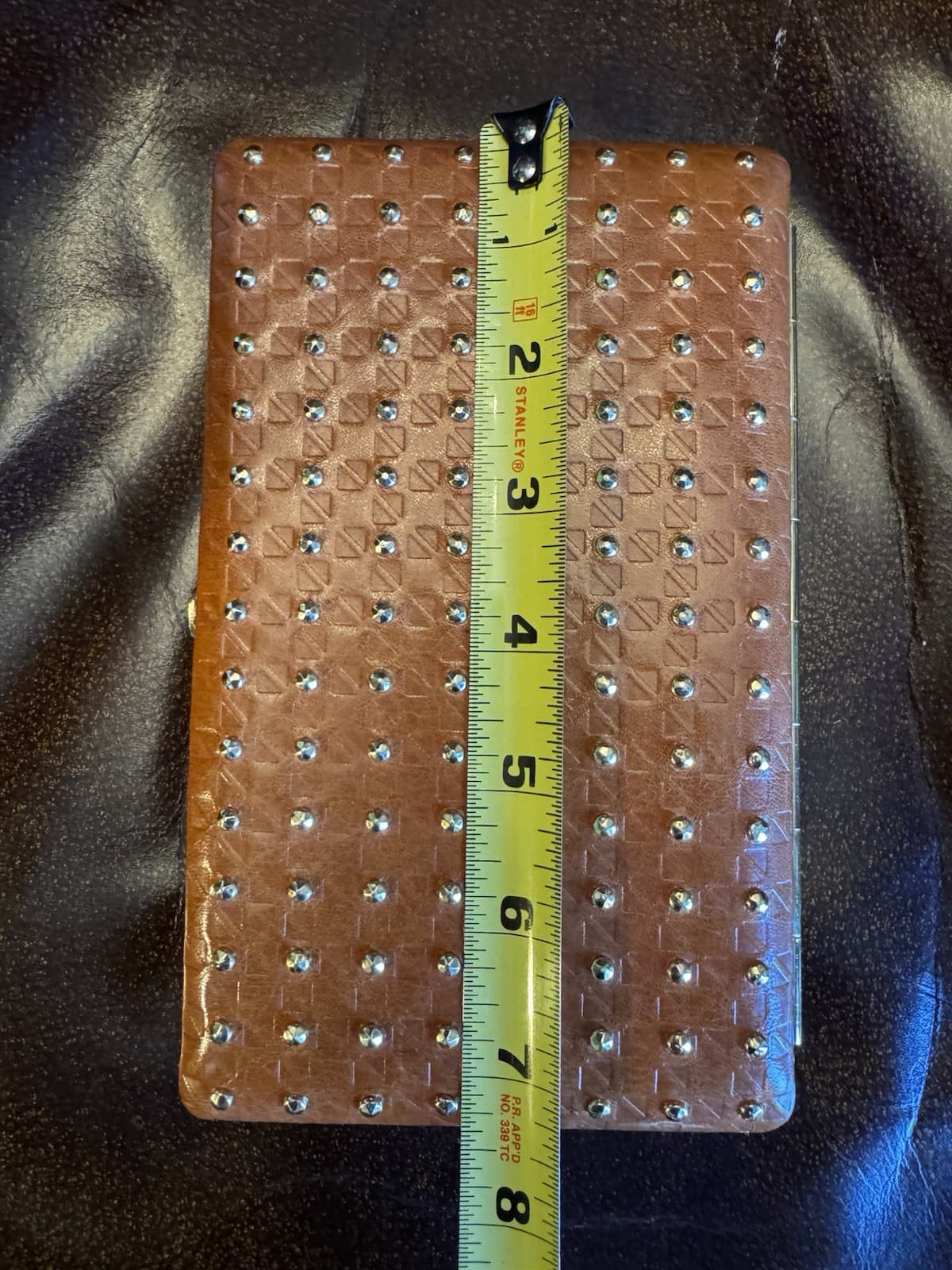 80's NOS Vintage ABAS Cognac Leather Studded Clutch Wallet Frame Purse Organizer - Thumbnail 6