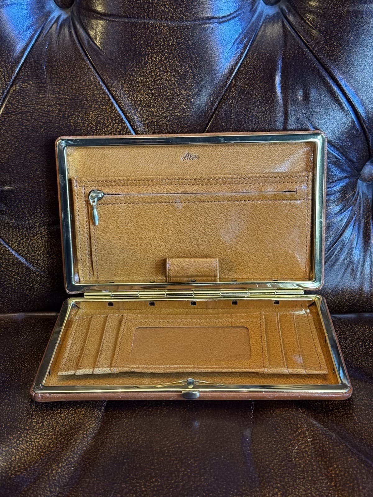 80's NOS Vintage ABAS Cognac Leather Studded Clutch Wallet Frame Purse Organizer - Thumbnail 7