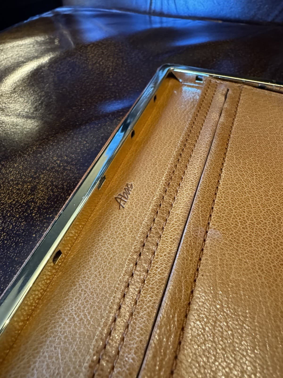 80's NOS Vintage ABAS Cognac Leather Studded Clutch Wallet Frame Purse Organizer - Thumbnail 2