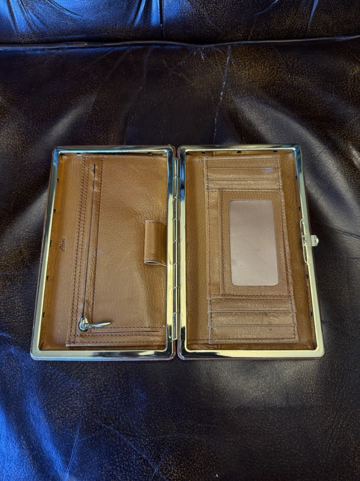 80's NOS Vintage ABAS Cognac Leather Studded Clutch Wallet Frame Purse Organizer - Thumbnail 3