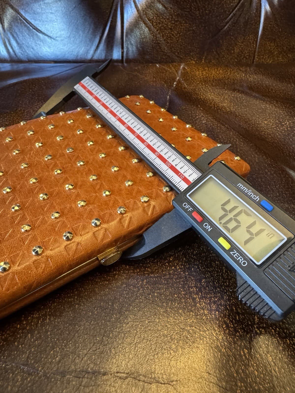 80's NOS Vintage ABAS Cognac Leather Studded Clutch Wallet Frame Purse Organizer - Thumbnail 5