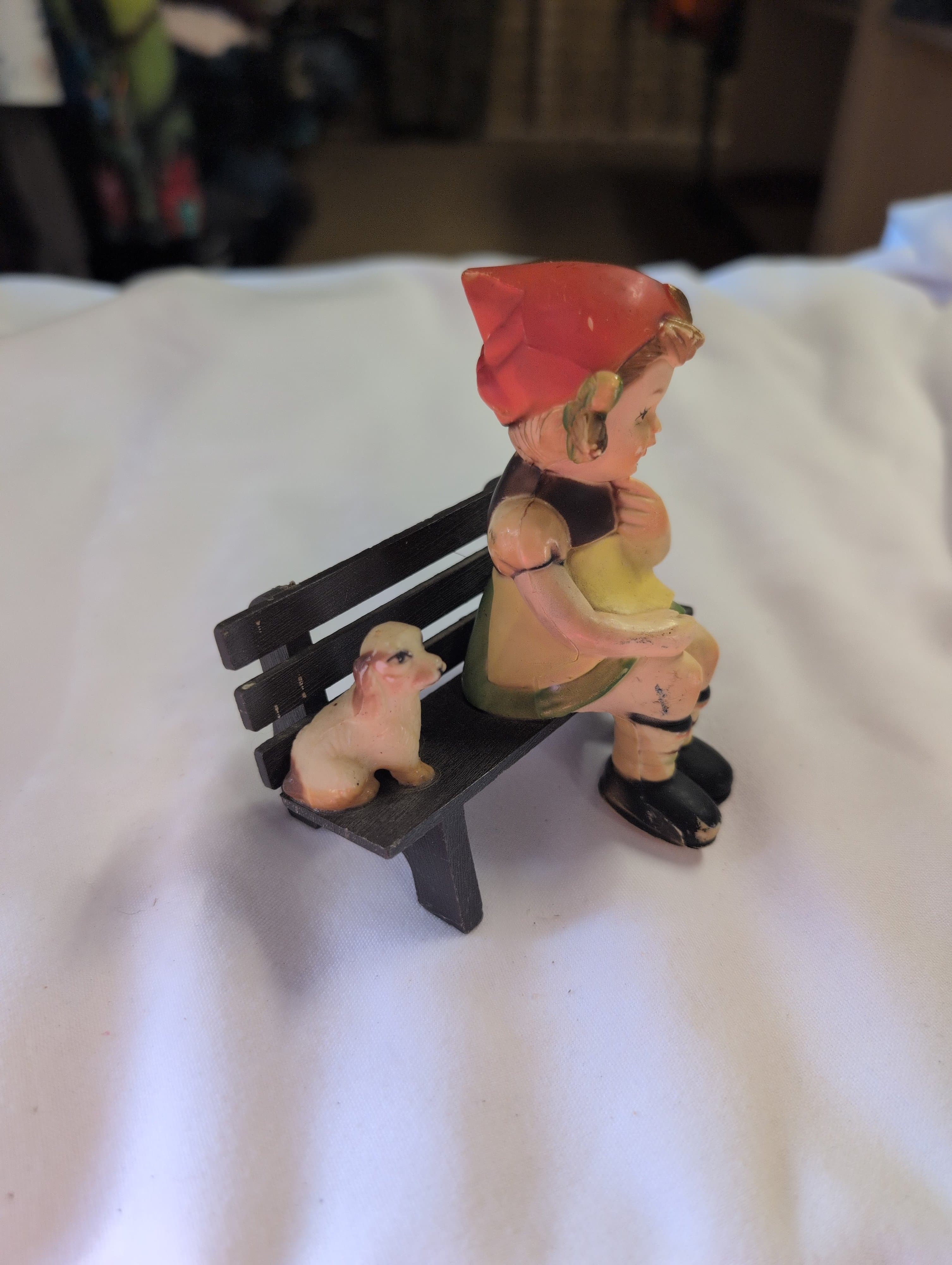 Vintage plastic Figurine Girl on Bench with Dog - Thumbnail 2