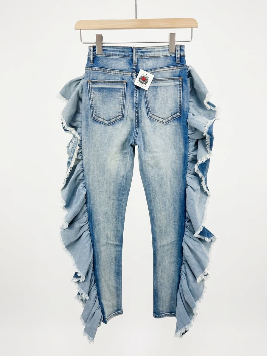 Ruffled Denim Jeans with Fringe Detail - Thumbnail 2