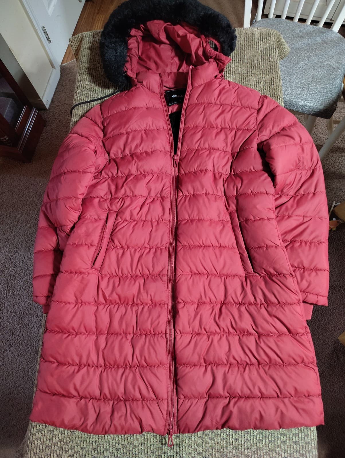 GoldLady Long Puffer Jacket -M- RED With Detachable Faux Fur Hood