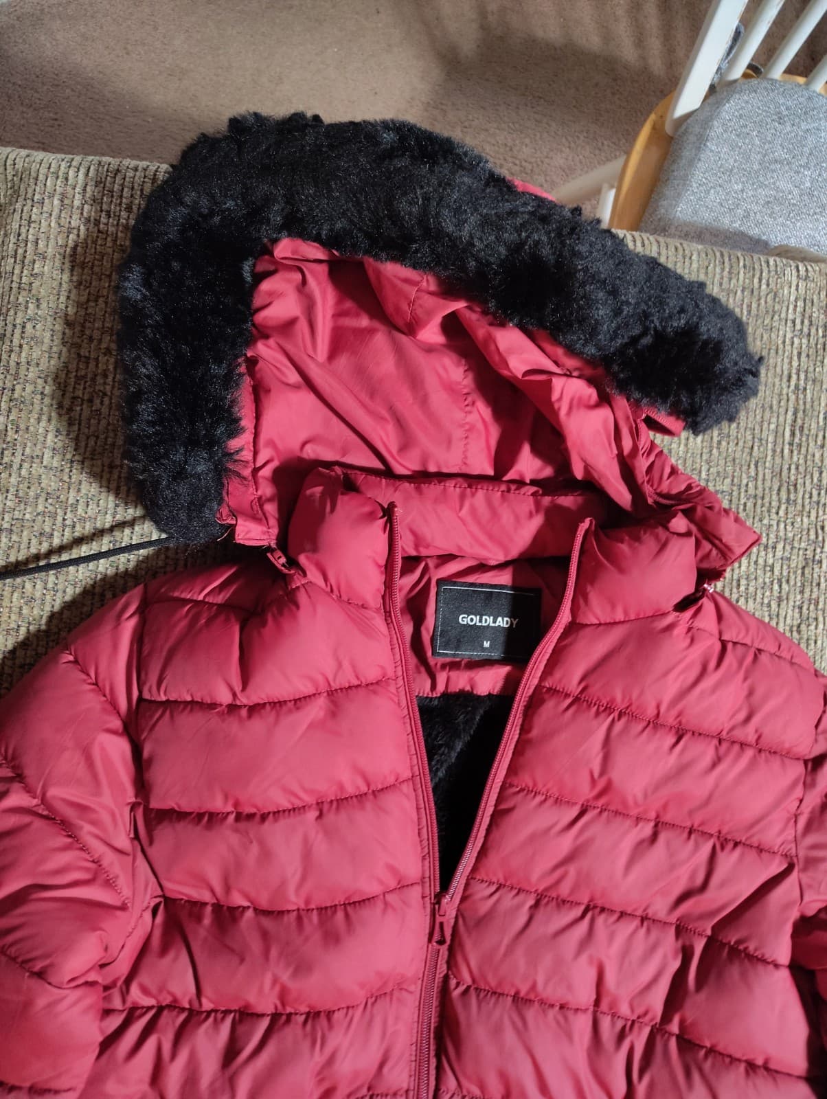 GoldLady Long Puffer Jacket -M- RED With Detachable Faux Fur Hood - Thumbnail 5