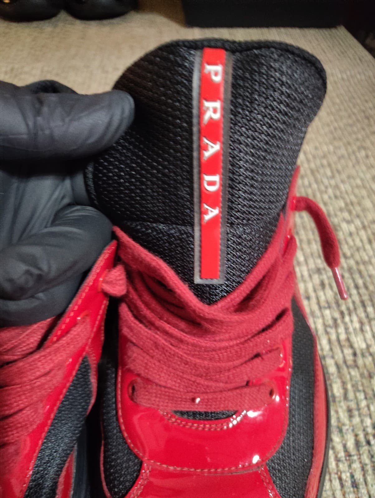 PRADA Size 11 Men's Red Black Low Top Lace Solid Pattern Athletic Sneakers W/Box - Thumbnail 4