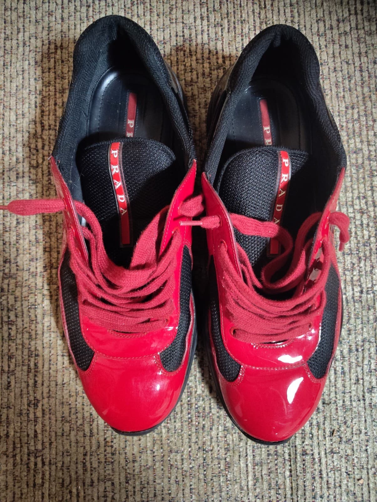 PRADA Size 11 Men's Red Black Low Top Lace Solid Pattern Athletic Sneakers W/Box - Thumbnail 2