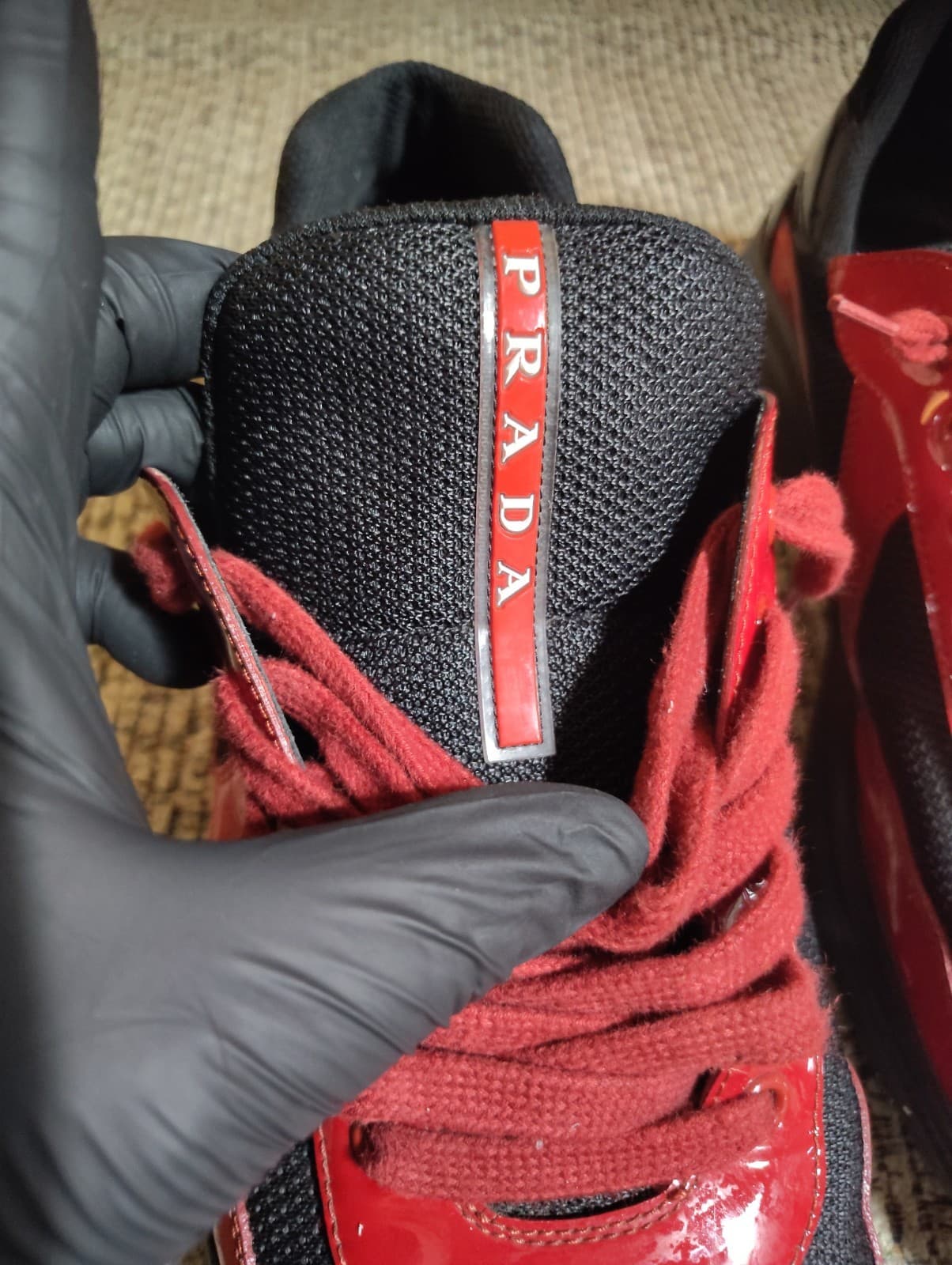 PRADA Size 11 Men's Red Black Low Top Lace Solid Pattern Athletic Sneakers W/Box - Thumbnail 3