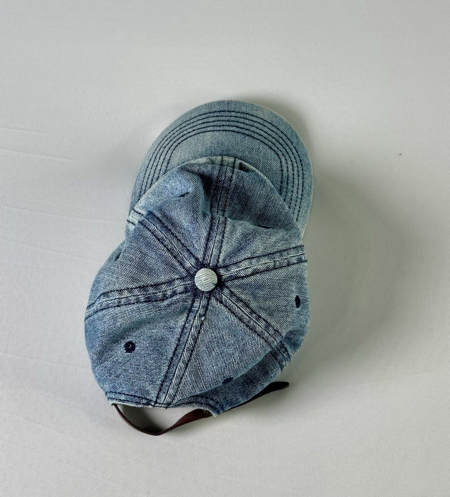 Light Wash Denim Baseball Cap Hat w/ Adjustable Leather Strap - Thumbnail 2