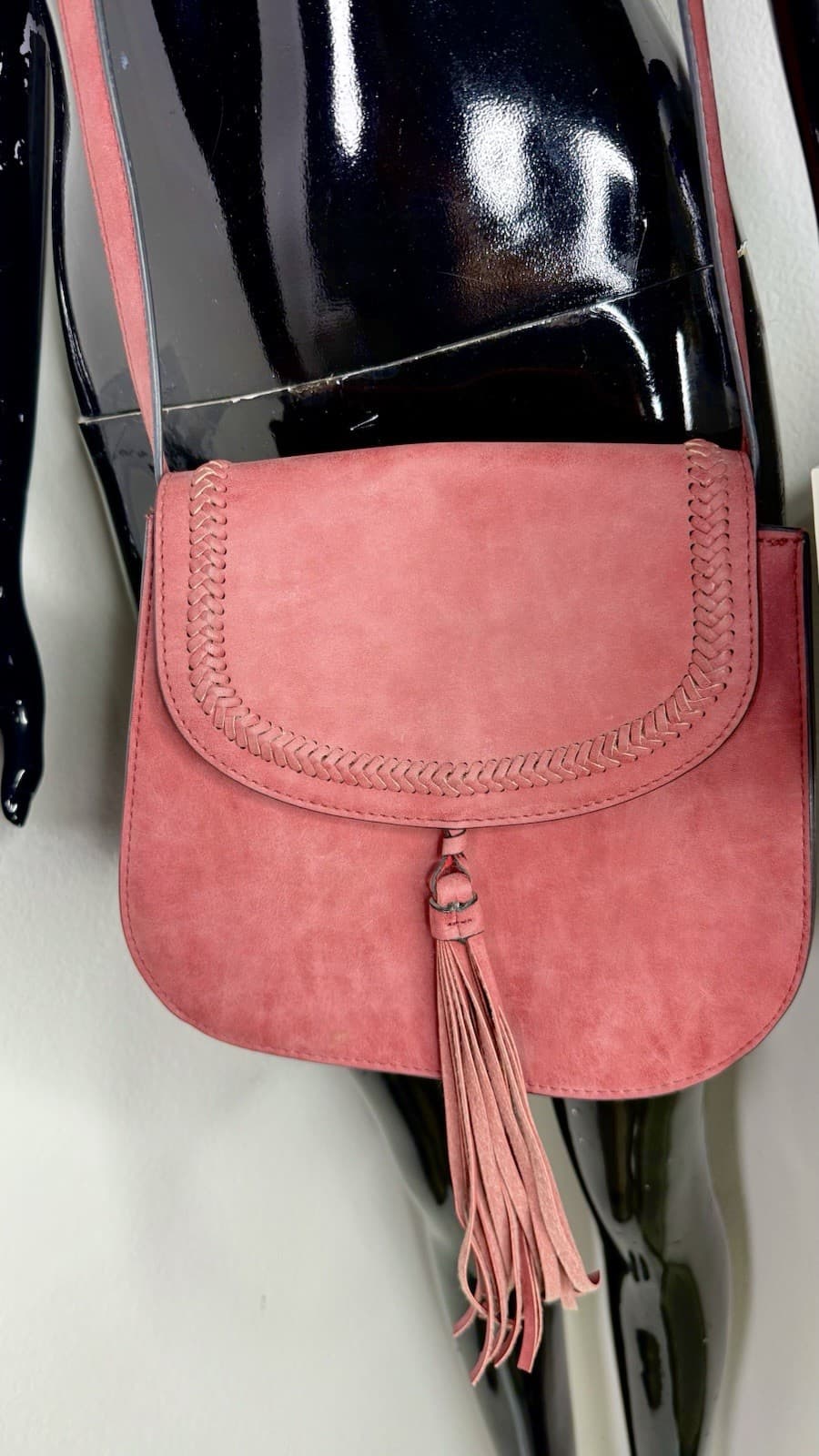 Women’s Burgundy Faux Suede Crossbody Saddle Bag With Tassel Fringe Accent - Thumbnail 3