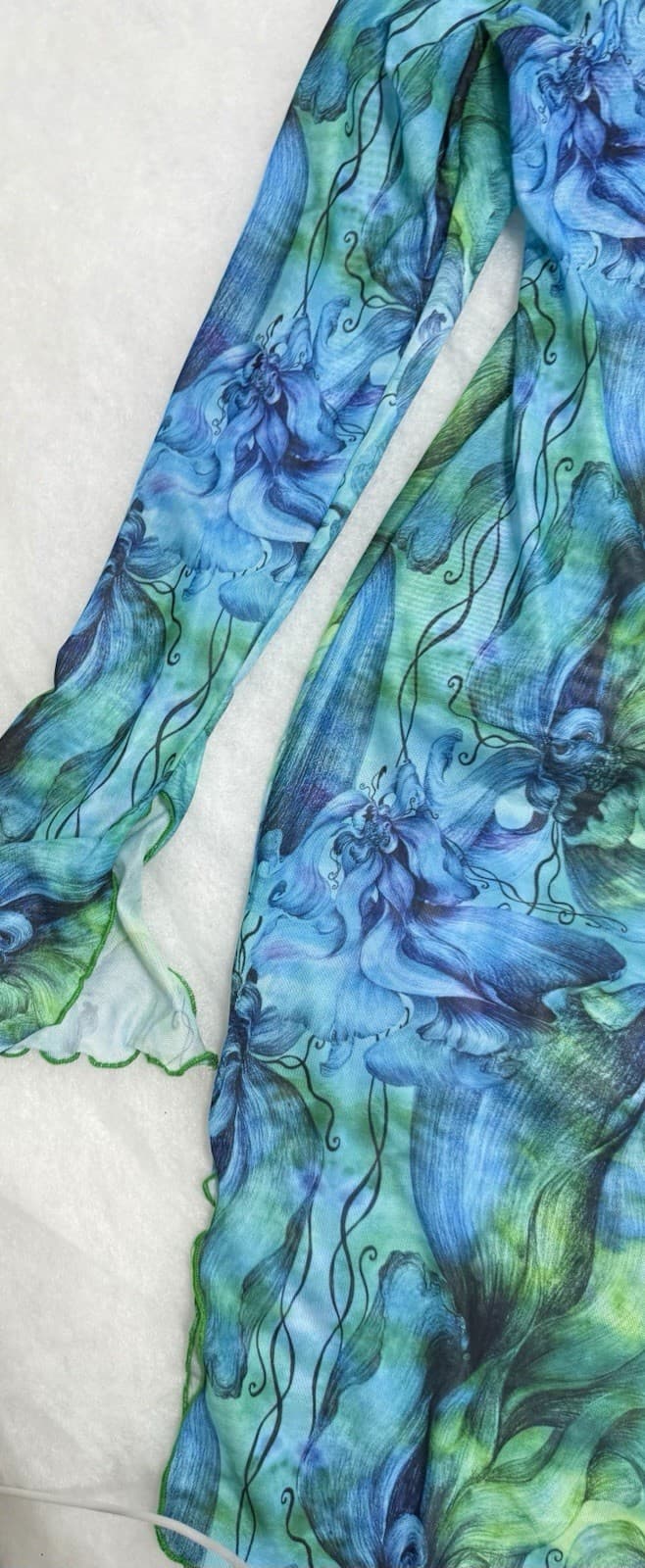 Women’s Blue Green Abstract Floral Mesh Bodycon Dress Long Sleeve Mock NeckSheer - Thumbnail 2