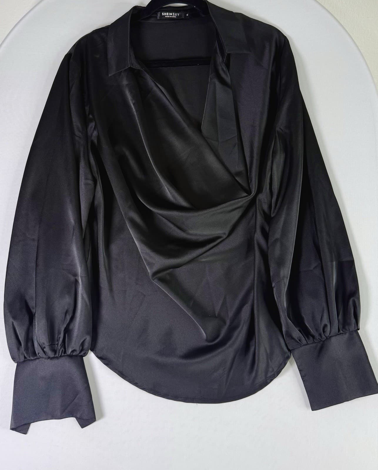 Shein SXY Black Satin Cowl Neck Blouse Long Sleeve Top - Thumbnail 3