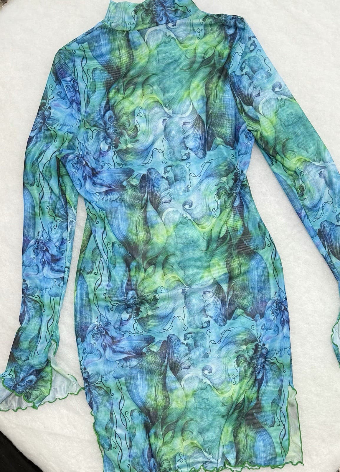 Women’s Blue Green Abstract Floral Mesh Bodycon Dress Long Sleeve Mock NeckSheer - Thumbnail 3