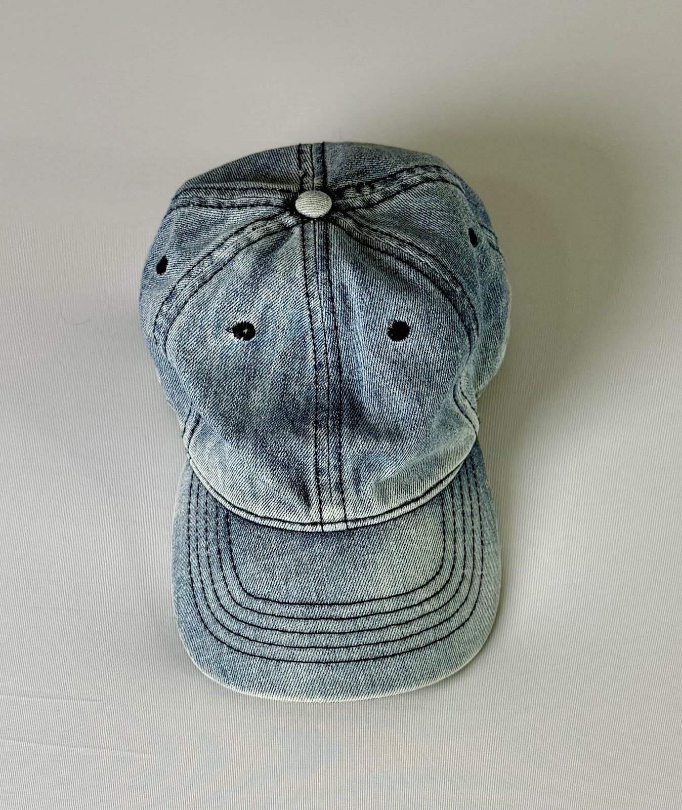Light Wash Denim Baseball Cap Hat w/ Adjustable Leather Strap - Thumbnail 3