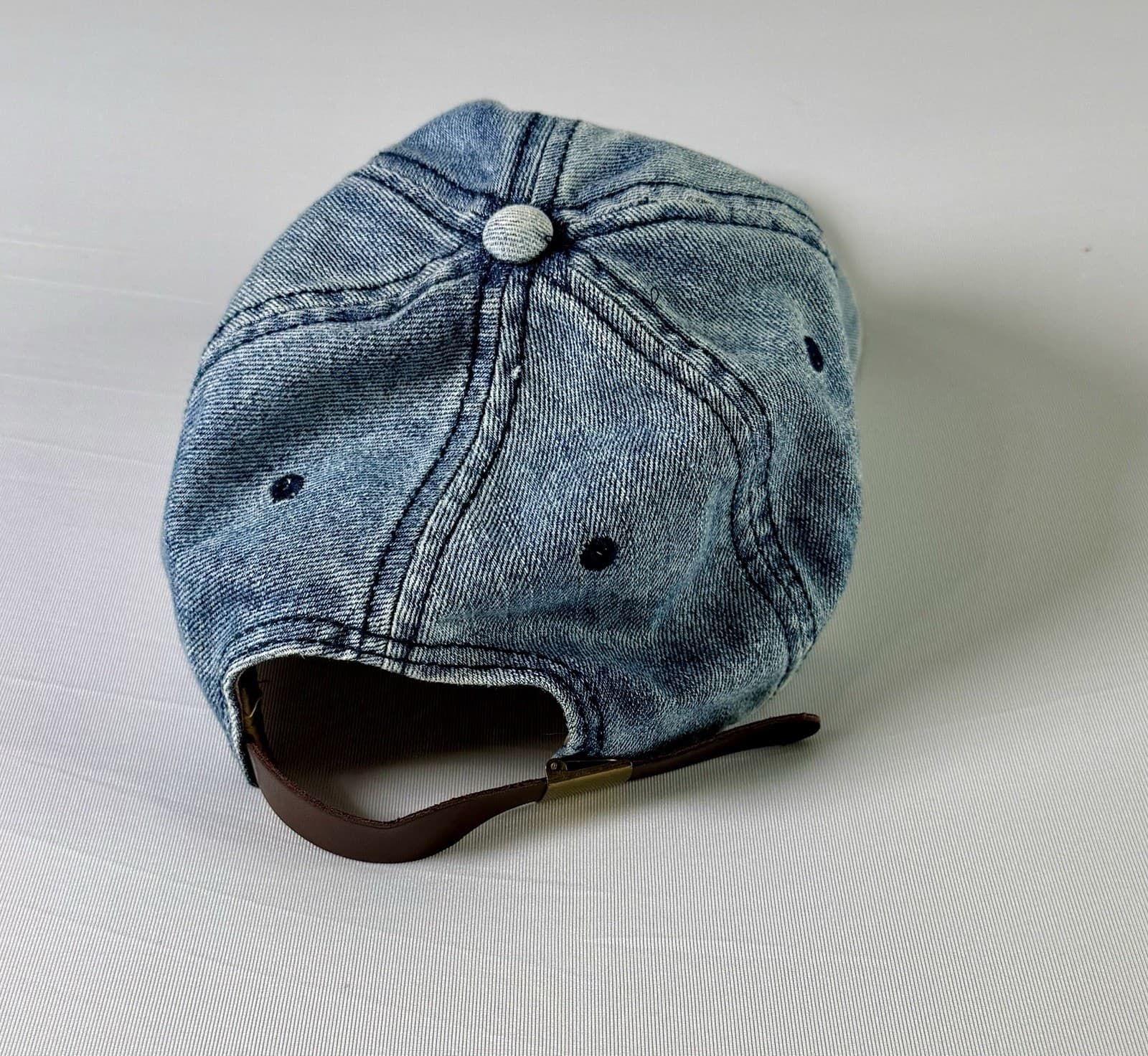 Light Wash Denim Baseball Cap Hat w/ Adjustable Leather Strap - Thumbnail 4