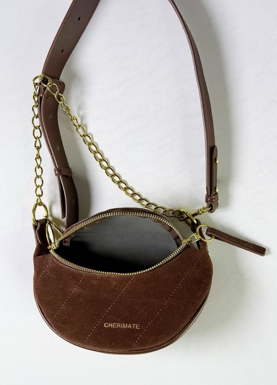Cherimate Brown Suede Crescent Shoulder Bag Gold Chain Adjustable Strap Zip Top - Thumbnail 3