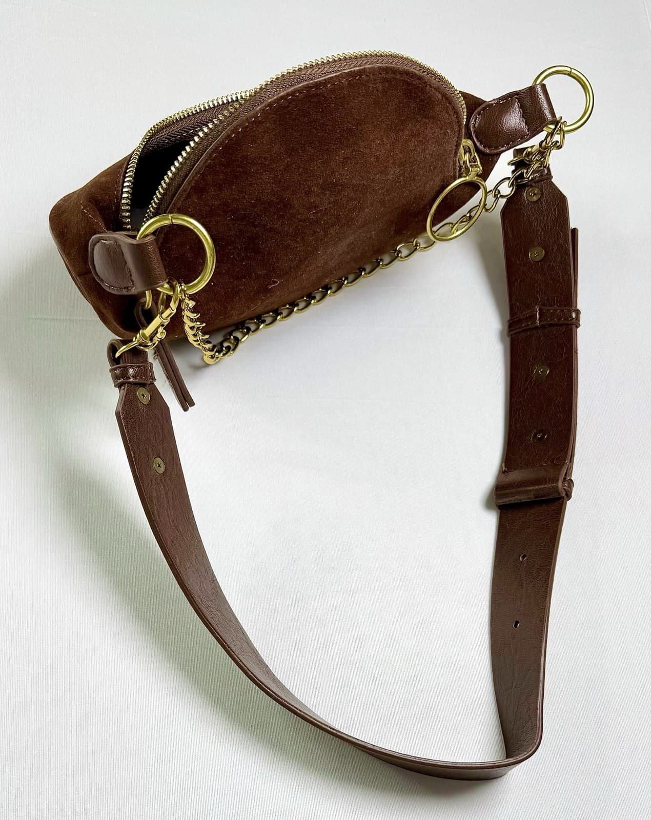 Cherimate Brown Suede Crescent Shoulder Bag Gold Chain Adjustable Strap Zip Top - Thumbnail 4