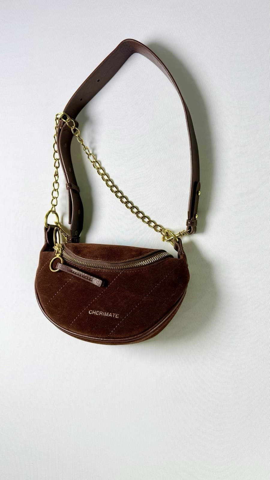 Cherimate Brown Suede Crescent Shoulder Bag Gold Chain Adjustable Strap Zip Top - Thumbnail 2