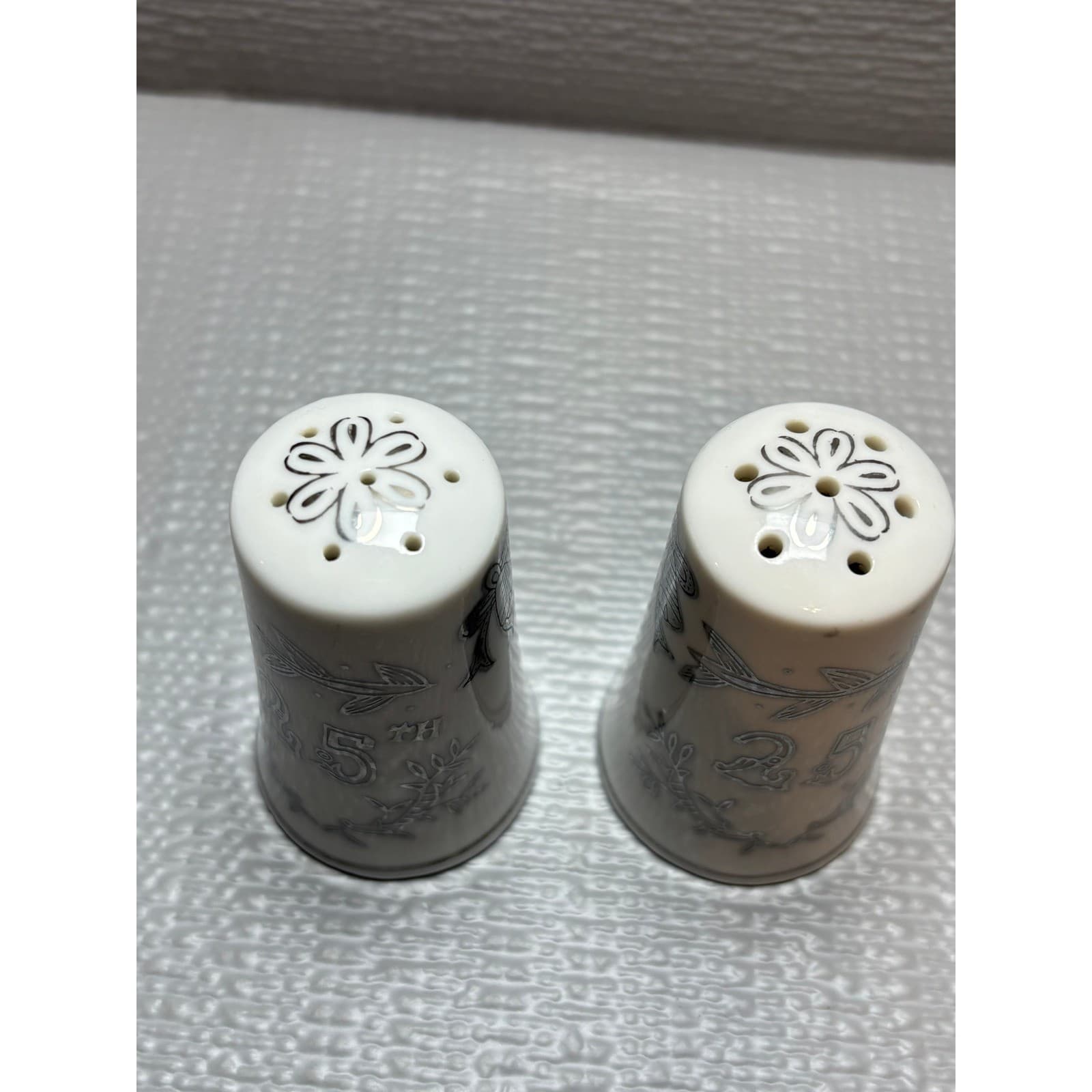 Vintage 25th Wedding Anniversary Salt and Pepper Shakers Silver White Ceramic 3" - Thumbnail 4