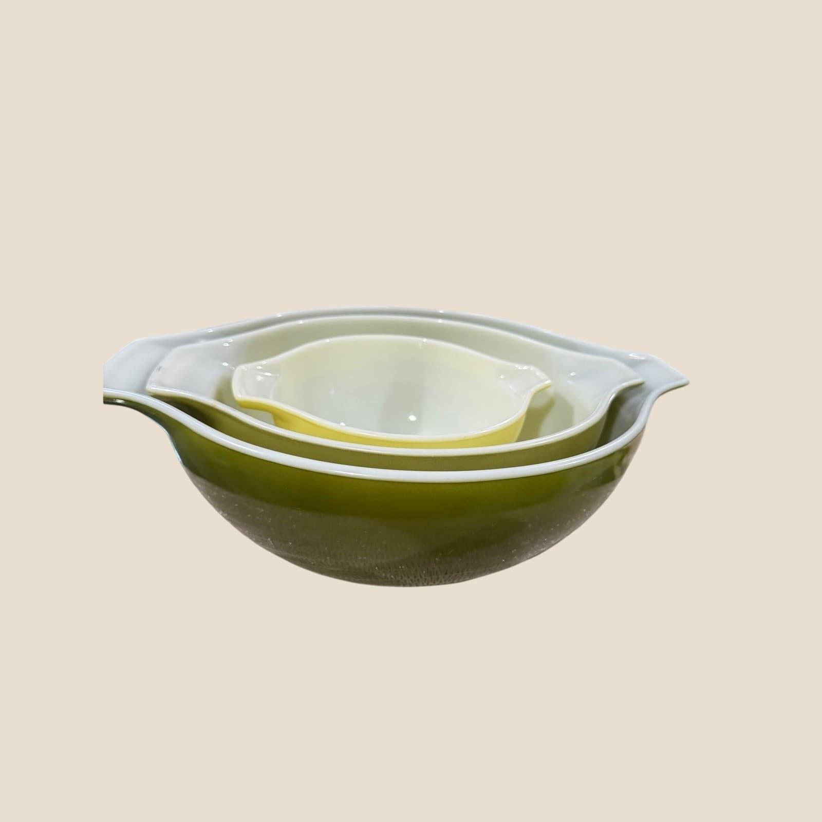Vintage Pyrex Verde Cinderella Mixing Bowl Set Green Yellow 444 443 441 Retro - Thumbnail 3