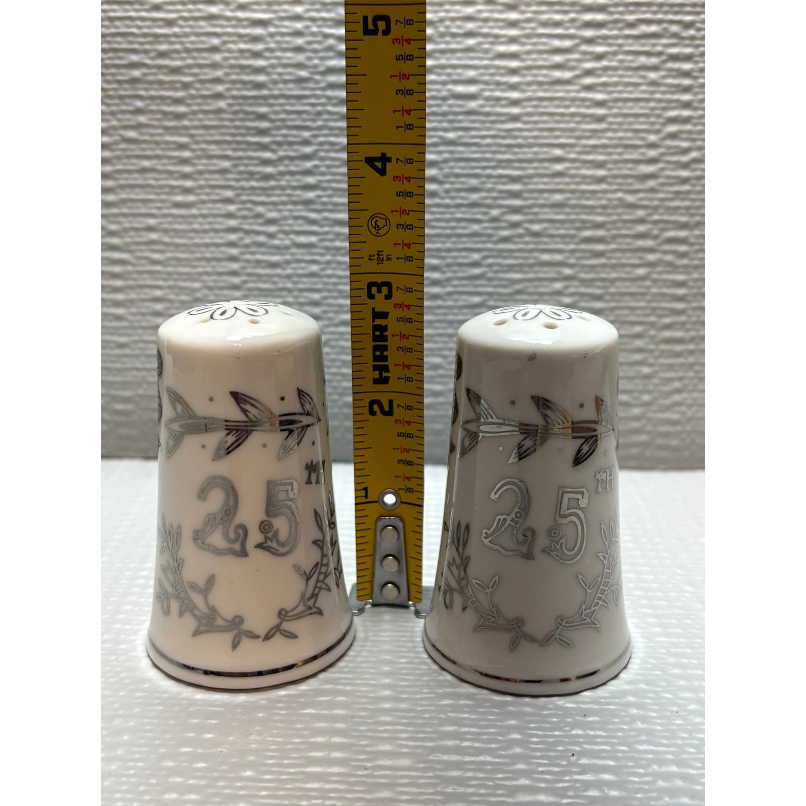 Vintage 25th Wedding Anniversary Salt and Pepper Shakers Silver White Ceramic 3" - Thumbnail 5