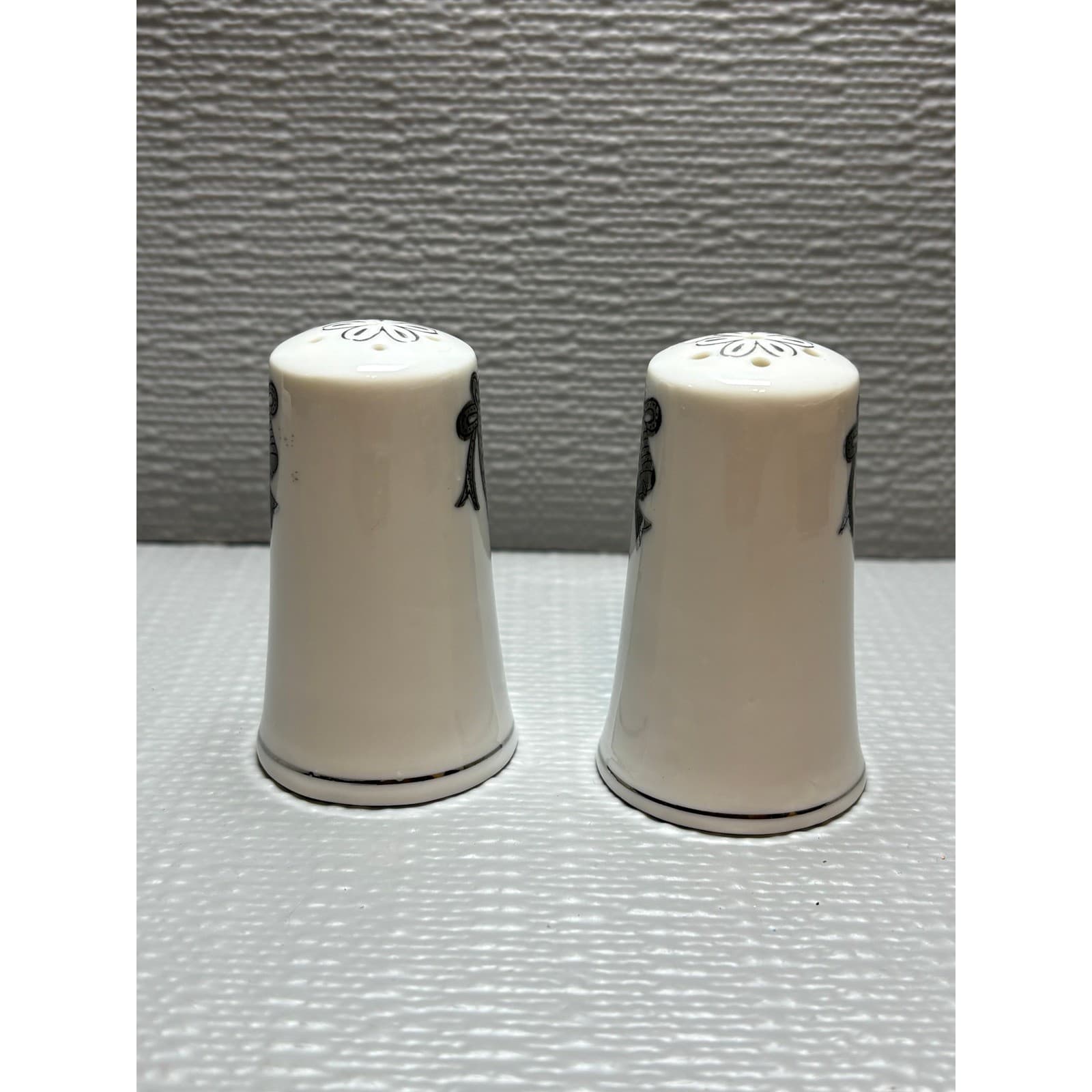 Vintage 25th Wedding Anniversary Salt and Pepper Shakers Silver White Ceramic 3" - Thumbnail 2