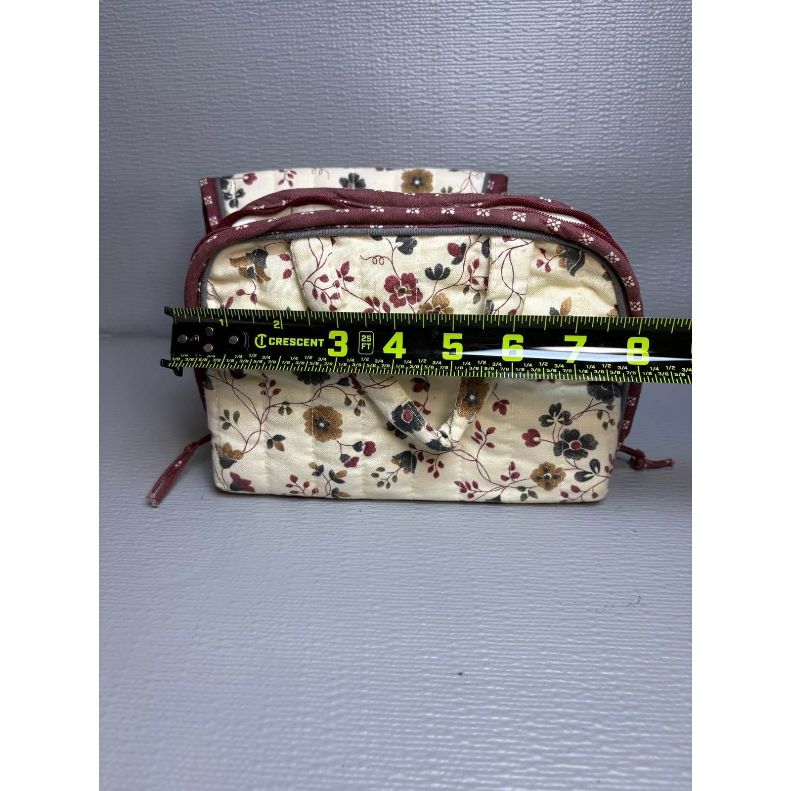 Totes Vintage Style Quilted Floral Makeup Bag & Mirror Pouch Set Cream Burgundy - Thumbnail 7