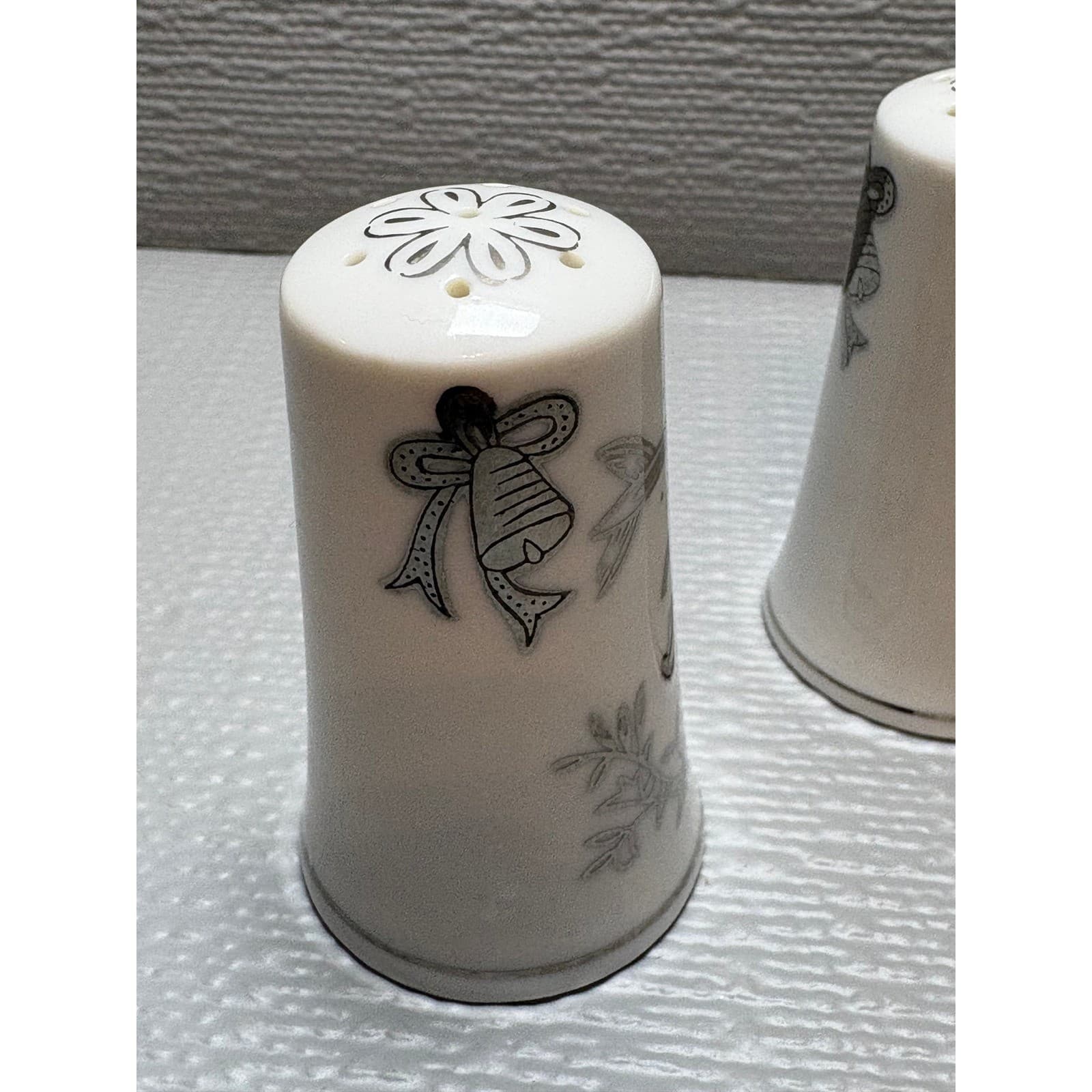 Vintage 25th Wedding Anniversary Salt and Pepper Shakers Silver White Ceramic 3" - Thumbnail 3